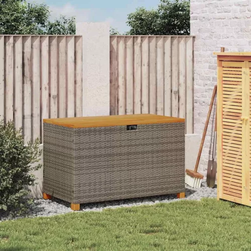  szürke polyrattan és akácfa kerti tárolóláda 110 x 55 x 63 cm