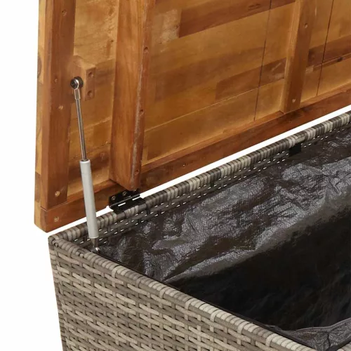  szürke polyrattan és akácfa kerti tárolóláda 110 x 55 x 63 cm