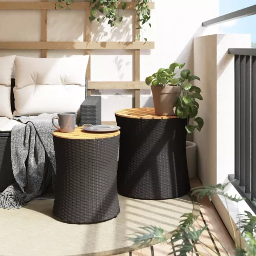  2 db fekete polyrattan kerti kisasztal fa asztallappal