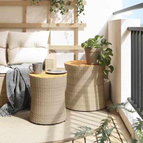  2 db bézs polyrattan kerti kisasztal fa asztallappal