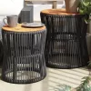  2 db fekete polyrattan kerti kisasztal fa asztallappal