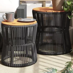  2 db fekete polyrattan kerti kisasztal fa asztallappal