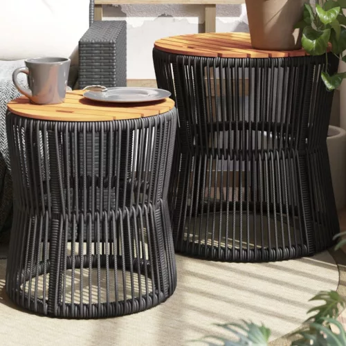  2 db fekete polyrattan kerti kisasztal fa asztallappal