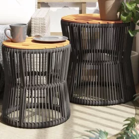  2 db szürke polyrattan kerti kisasztal fa asztallappal