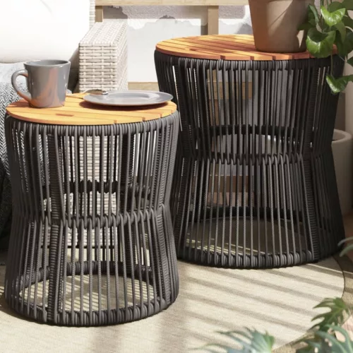  2 db szürke polyrattan kerti kisasztal fa asztallappal