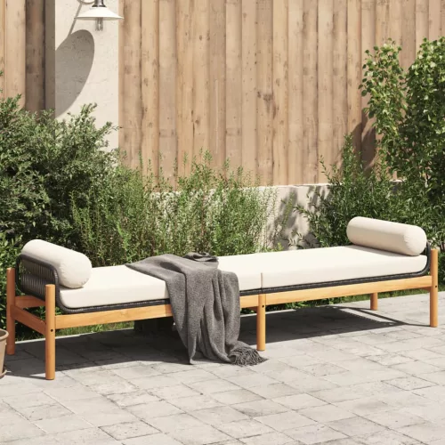 polyrattan akácfa kerti pad fekete párnával