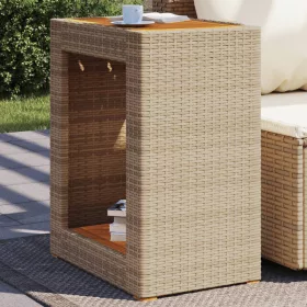    bézs polyrattan kerti kisasztal fa asztallappal 60x40x75 cm