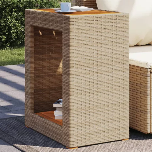 bézs polyrattan kerti kisasztal fa asztallappal 60x40x75 cm