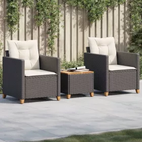    3 részes fekete polyrattan és akácfa bisztrószett párnákkal