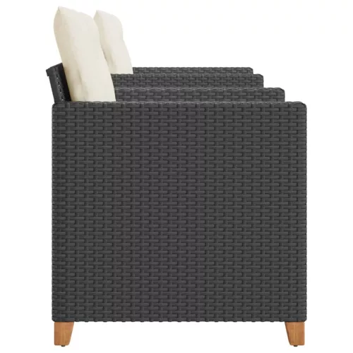  3 részes fekete polyrattan és akácfa bisztrószett párnákkal