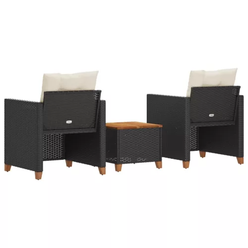  3 részes fekete polyrattan és akácfa bisztrószett párnákkal