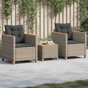    3 részes szürke polyrattan és akácfa bisztrószett párnákkal