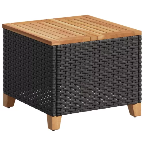  fekete polyrattan és akácfa kerti asztal 45 x 45 x 37 cm