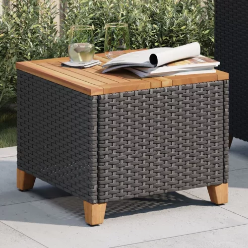  fekete polyrattan és akácfa kerti asztal 45 x 45 x 37 cm