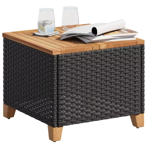  fekete polyrattan és akácfa kerti asztal 45 x 45 x 37 cm