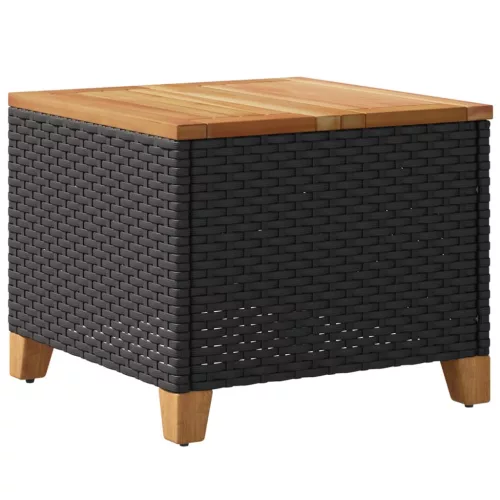  fekete polyrattan és akácfa kerti asztal 45 x 45 x 37 cm