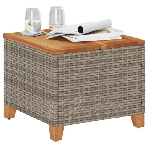  szürke polyrattan és akácfa kerti asztal 45 x 45 x 37 cm
