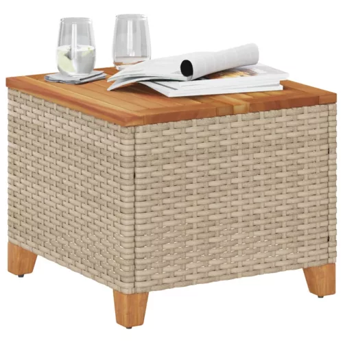  bézs polyrattan és akácfa kerti asztal 45 x 45 x 37 cm