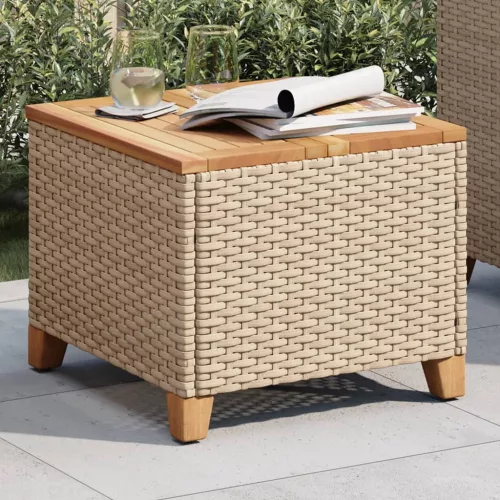  bézs polyrattan és akácfa kerti asztal 45 x 45 x 37 cm