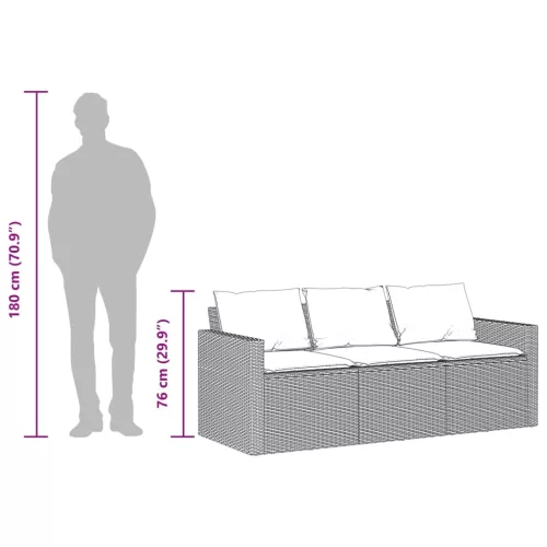  fekete 3 személyes polyrattan kerti kanapé párnákkal