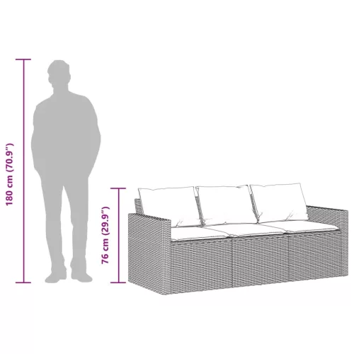  3 személyes barna polyrattan kerti kanapé párnával