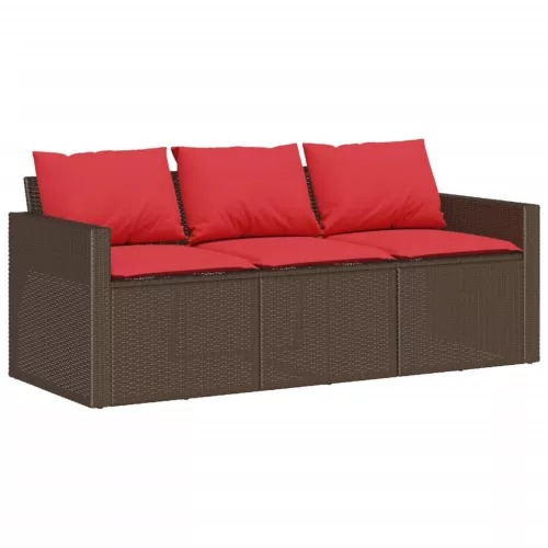  3 személyes barna polyrattan kerti kanapé párnával