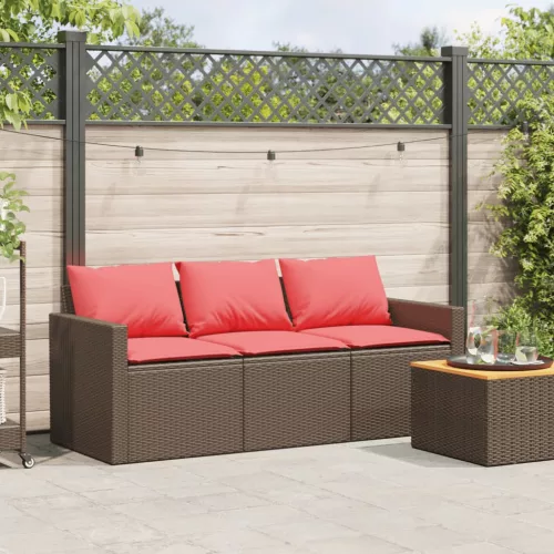  3 személyes barna polyrattan kerti kanapé párnával