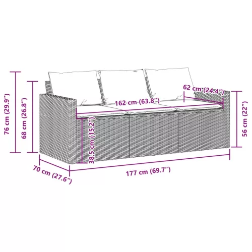  3 személyes barna polyrattan kerti kanapé párnával