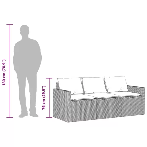  3 személyes barna polyrattan kerti kanapé párnával