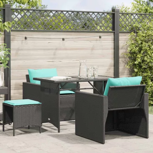  4 részes fekete polyrattan kerti ülőgarnitúra párnákkal