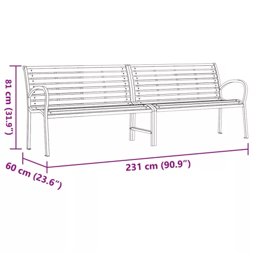  barna fa és porszórt acél kerti pad 231 cm