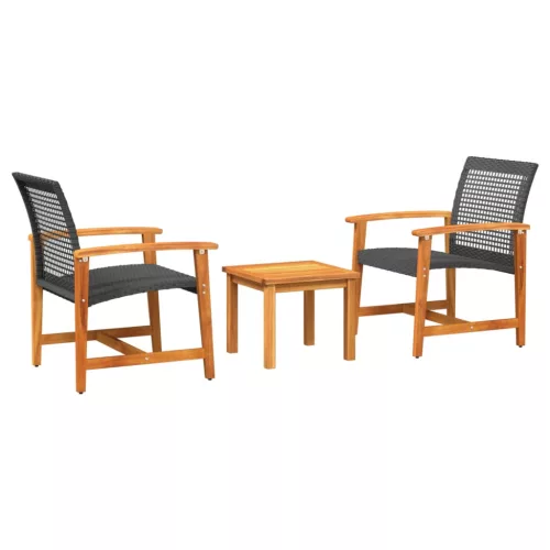  3 részes fekete polyrattan és akácfa bisztrószett
