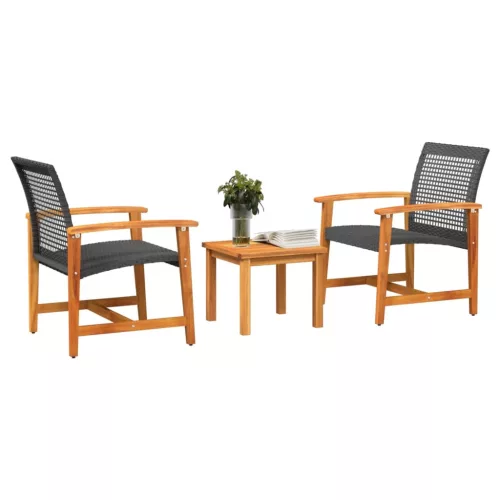  3 részes fekete polyrattan és akácfa bisztrószett