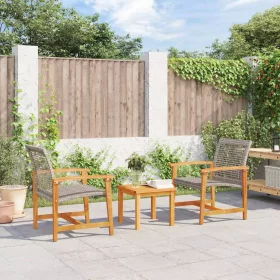  3 részes szürke polyrattan és akácfa bisztrószett
