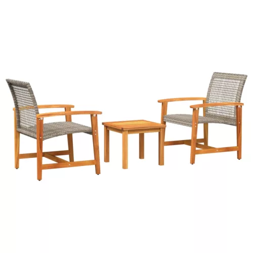  3 részes szürke polyrattan és akácfa bisztrószett