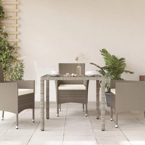 világosszürke polyrattan üveglapos kerti asztal 90 x 90 x 75 cm