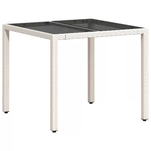  fehér polyrattan üveglapos kerti asztal 90 x 90 x 75 cm