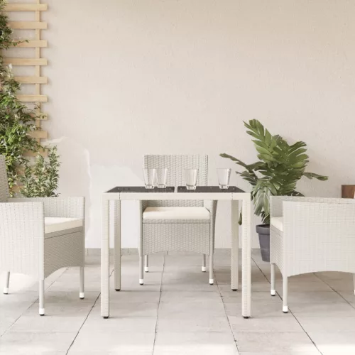 fehér polyrattan üveglapos kerti asztal 90 x 90 x 75 cm