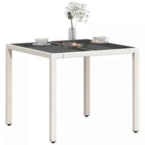  fehér polyrattan üveglapos kerti asztal 90 x 90 x 75 cm