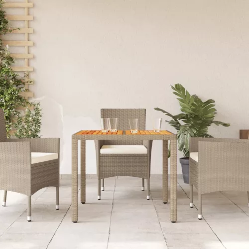 bézs polyrattan és akácfa kerti asztal 90 x 90 x 75 cm