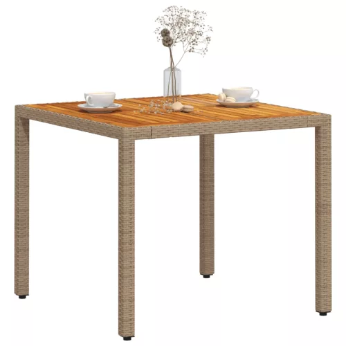  bézs polyrattan és akácfa kerti asztal 90 x 90 x 75 cm