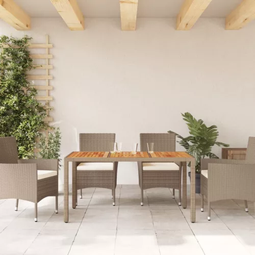  bézs polyrattan és akácfa kerti asztal 150 x 90 x 75 cm