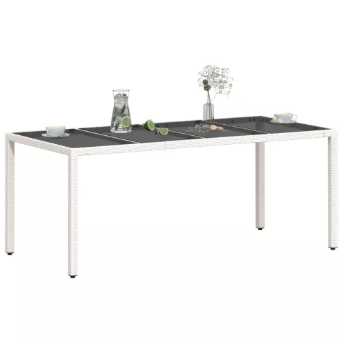  fehér polyrattan üveglapos kerti asztal 190 x 90 x 75 cm