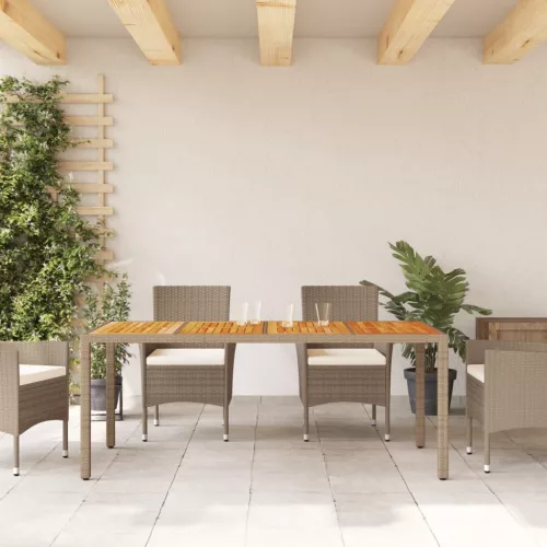  bézs polyrattan és akácfa kerti asztal 190 x 90 x 75 cm