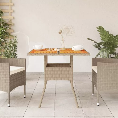  bézs polyrattan és akácfa kerti asztal 80 x 80 x 75 cm