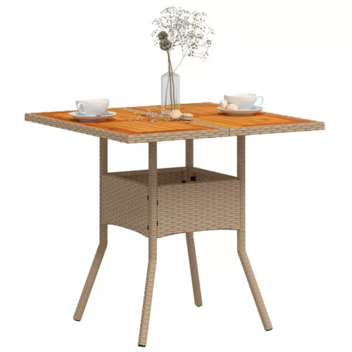  bézs polyrattan és akácfa kerti asztal 80 x 80 x 75 cm