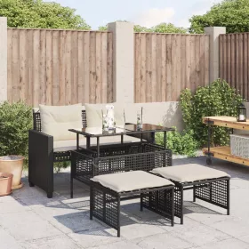    4 részes fekete polyrattan üveg kerti ülőgarnitúra párnával