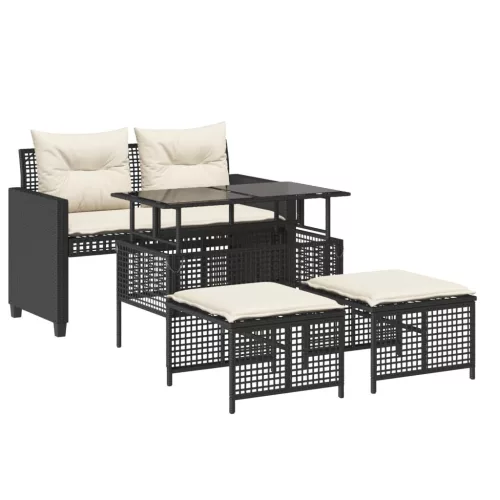  4 részes fekete polyrattan üveg kerti ülőgarnitúra párnával