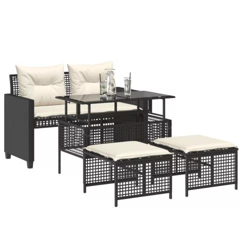  4 részes fekete polyrattan üveg kerti ülőgarnitúra párnával