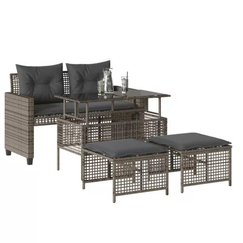  4 részes szürke polyrattan üveg kerti ülőgarnitúra párnákkal